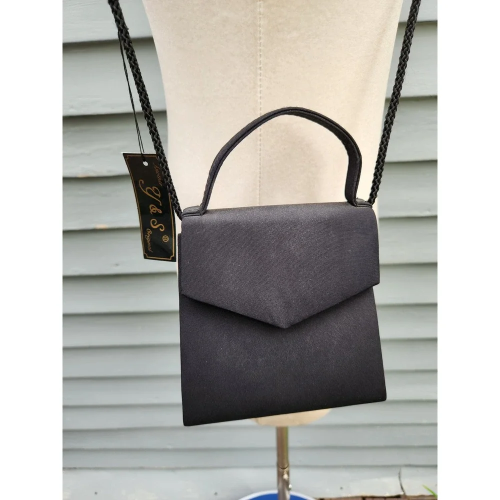 Vintage 90s J&S Original Evening Bag Black Satin‎ Crossbody Top Handle Small NWT